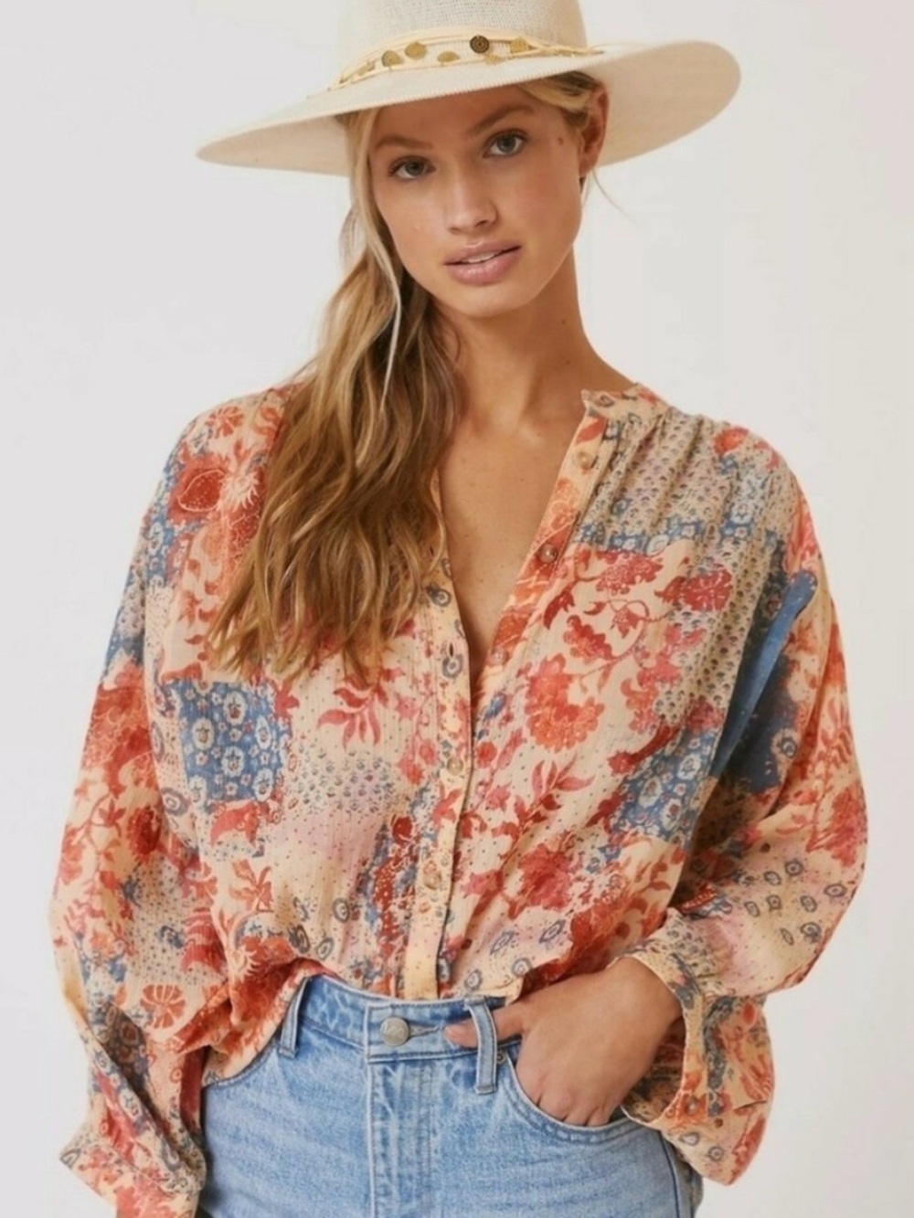 Anthropologie Pilcro Sydney Patchwork Blouse M Coral Blue Boho Peasant Cottage